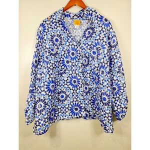 Ruby Rd Womens Button Down Shirt 24W  Sheer Floral Mosaic Boho Spring Causal